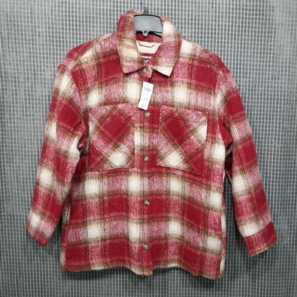 Abercrombie & Fitch Unisex Shirt Jacket Plaid Wool Blend L Red Cream